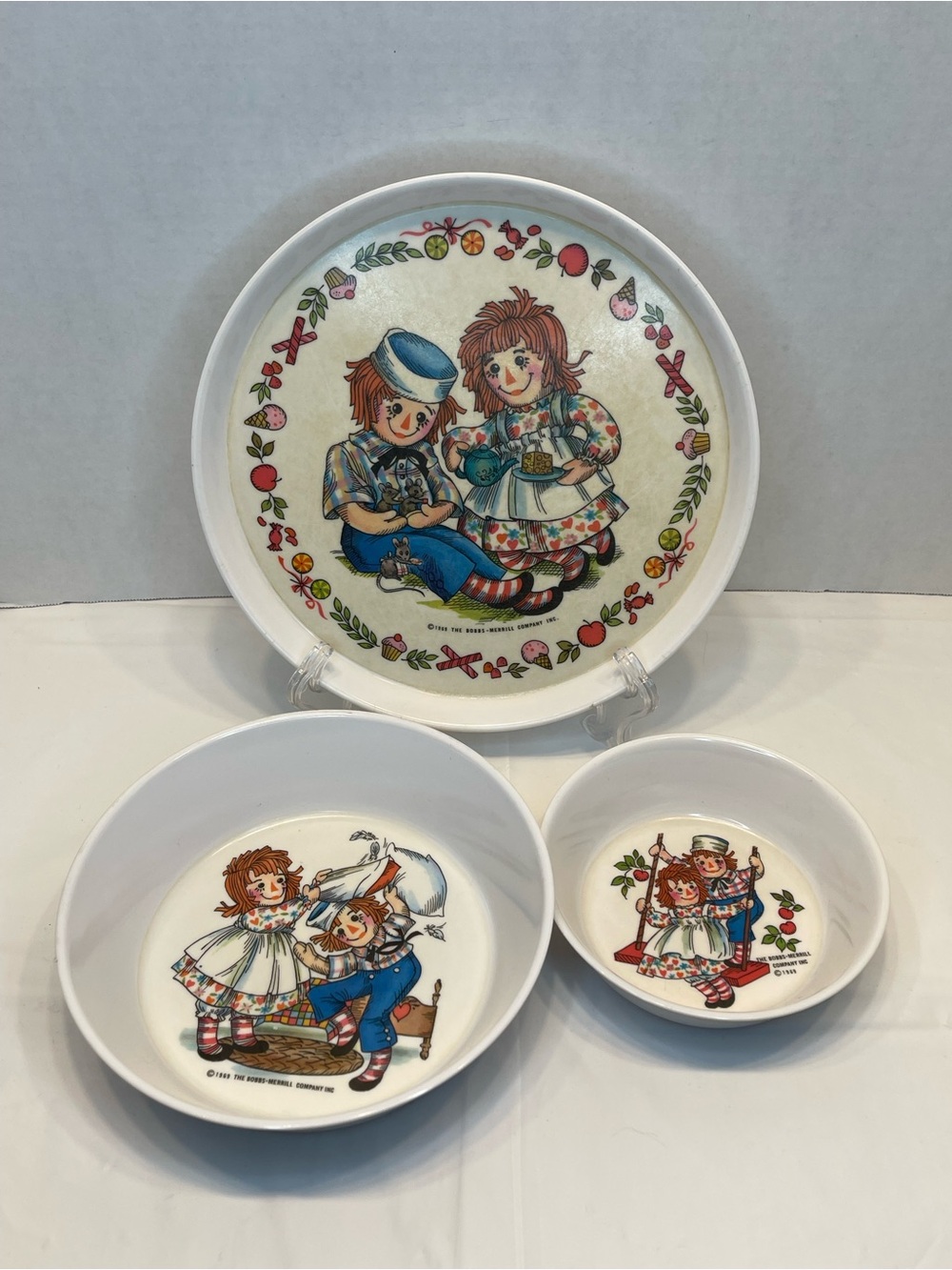 1969 Vintage Raggedy Ann & Andy White Kids Bowl and Plate Set